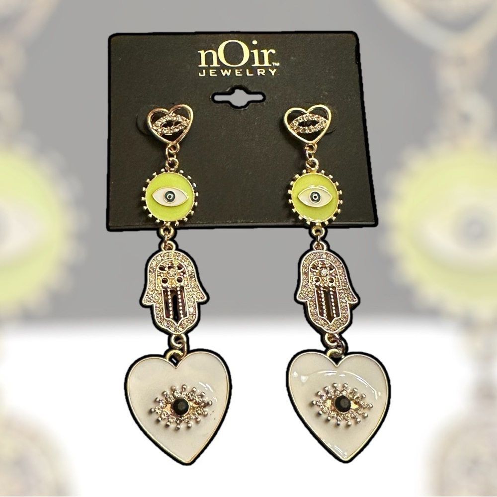 Noir Jewelry Hamsa Evil Eye Heart Drop Earrings - Picture 3 of 5